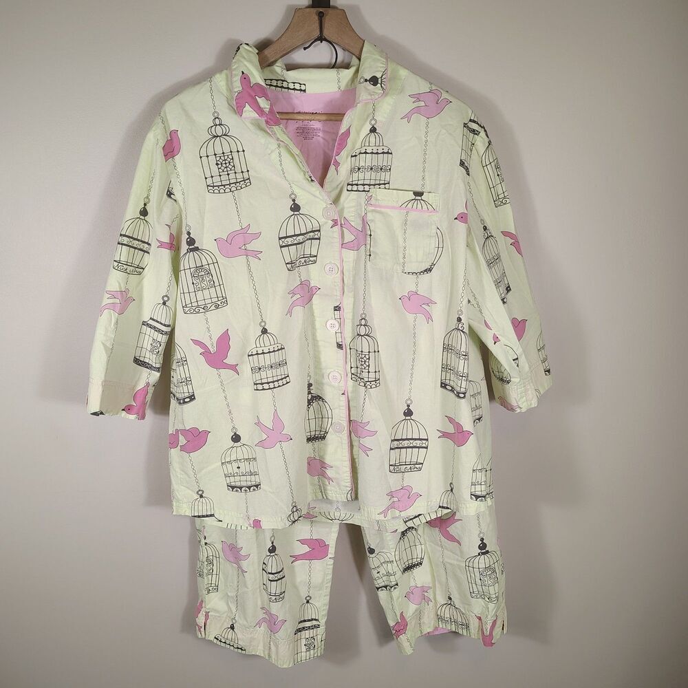 Nick & Nora Women's XL Green Pink Pajamas Birdcage Birds